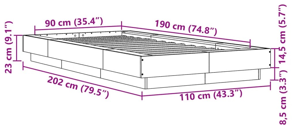 Estrutura de cama 90x190cm derivados de madeira carvalho sonoma