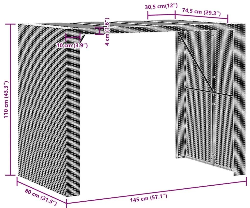 Mesa de bar para jardim com tampo em acácia vime PE cinza