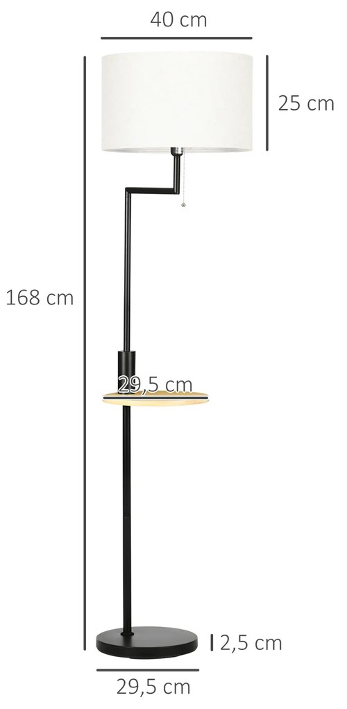 Candeeiro de Pé com Mesa Auxiliar Candeeiro com Prateleira Lâmpada E27 Máx. 40W com Ecrã de Linho Interruptor de Corrente e Carregador USB para Sala d