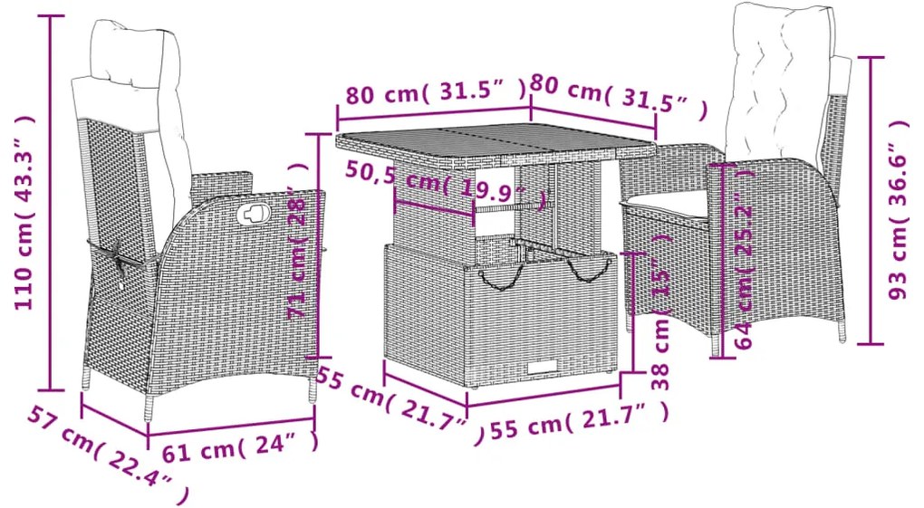 3 pcs conjunto de jantar p/ jardim c/ almofadões vime PE cinza
