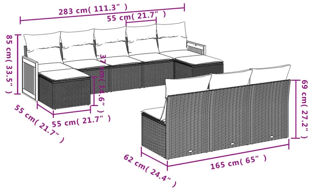 10 pcs conjunto sofás de jardim c/ almofadões vime PE cinzento