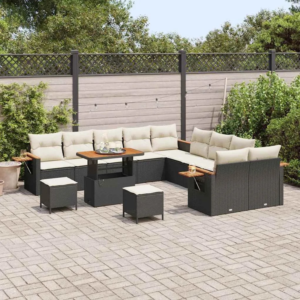 Conjunto de Sofá de Jardim de 13 Peças com Almofadas Preto Polirattan