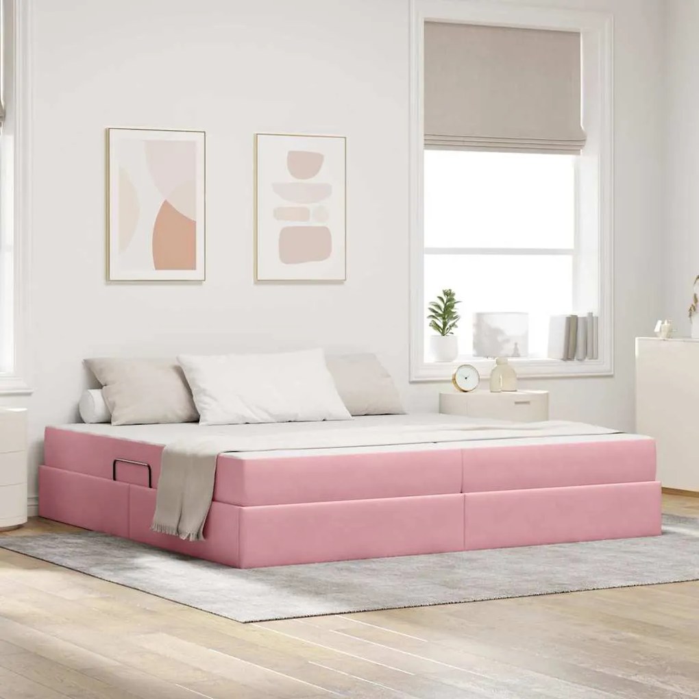 vidaXL Cama com arrumação e colchão Rosa 200 x 200 cm Veludo