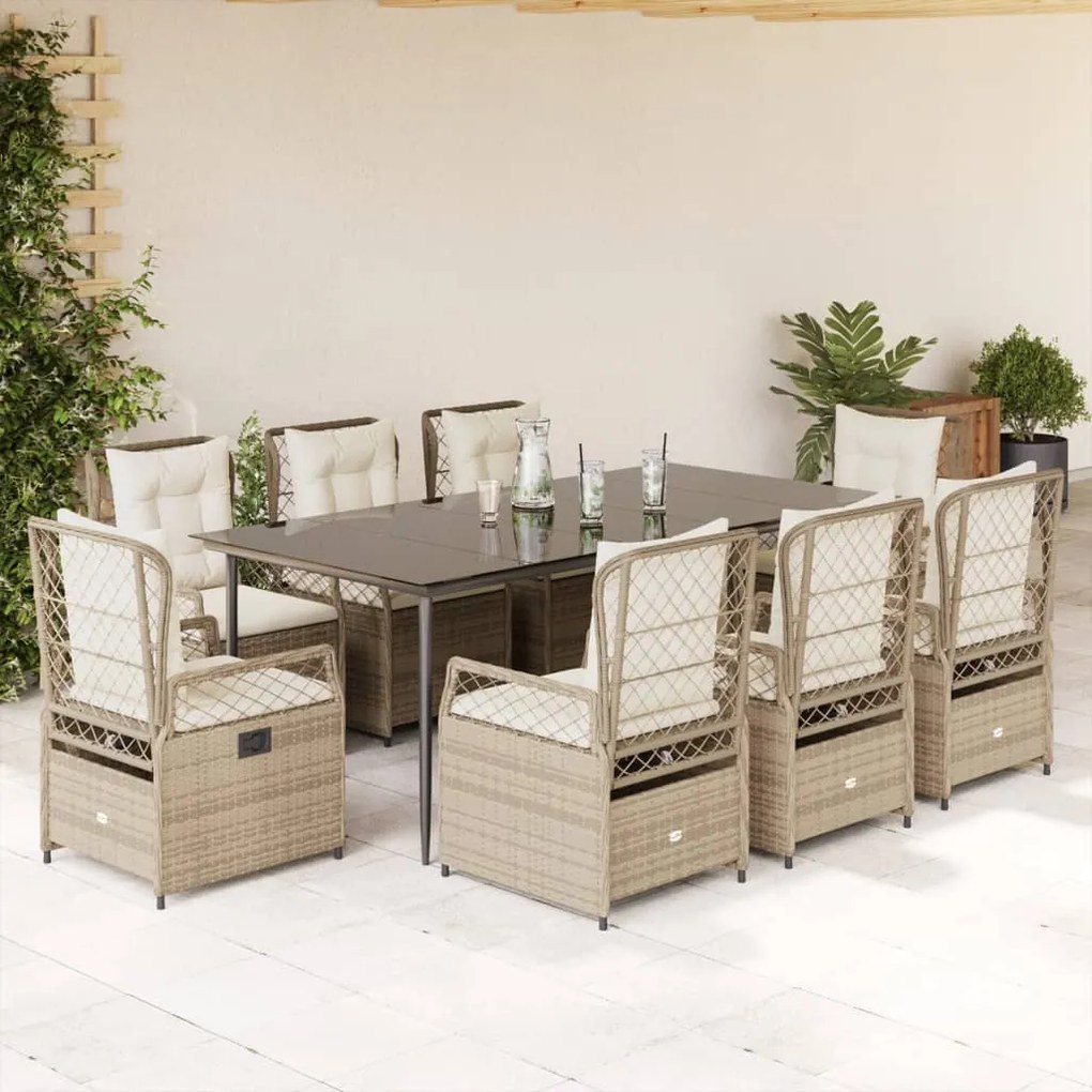 9 pcs conjunto de jantar p/ jardim com almofadões vime PE bege