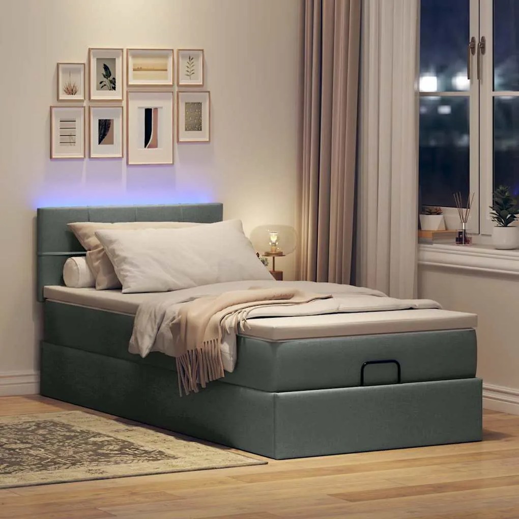 Cama otomana com colchão & LEDs 90x200cm tecido cinzento escuro