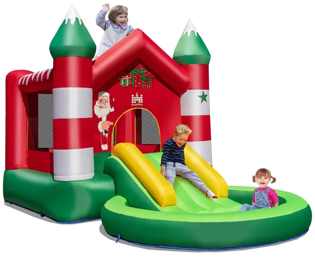 Castelo Insuflável Infantil com Escorrega Tema de Natal e Piscina de Bolas Sem Ventilador 390 x 210 x 220 cm Vermelho e Verde