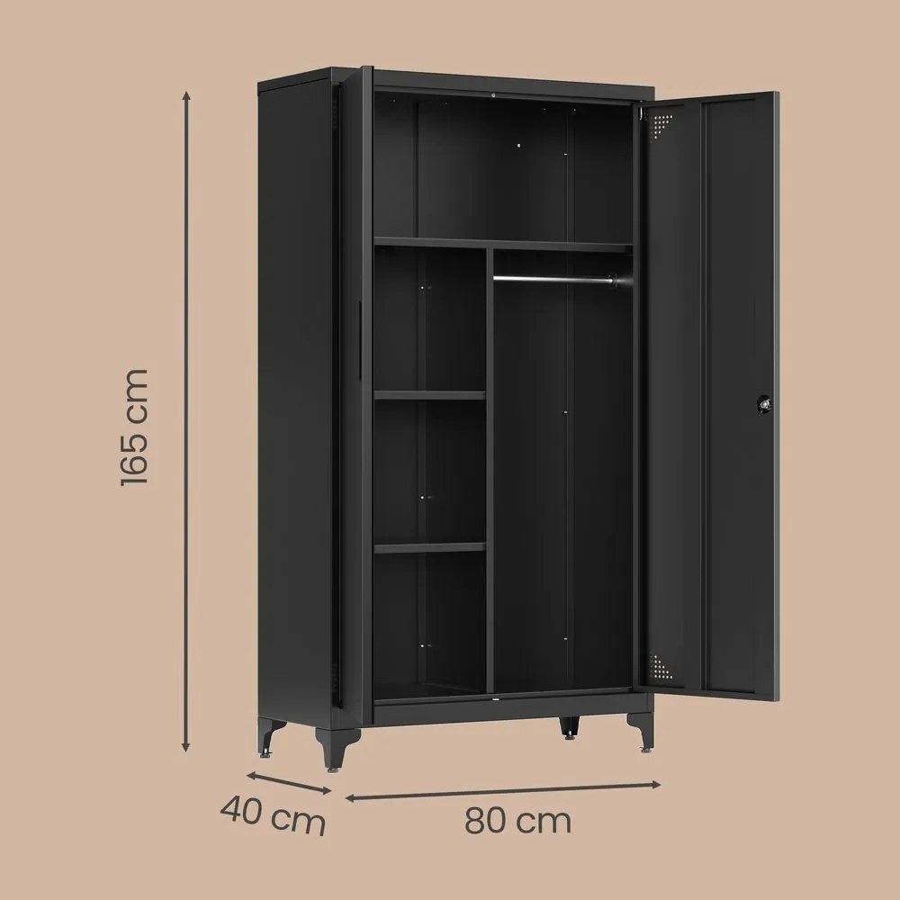 Armário cacifo metálico com varão para pendurar roupa, 2 portas, 5 compartimentos 80 x 40 x 165 cm Preto