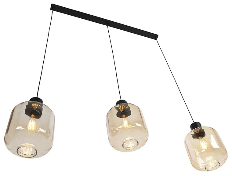 Candeeiro de suspensão de design preto com vidro âmbar 3 luzes 161,5 cm - Qara Design