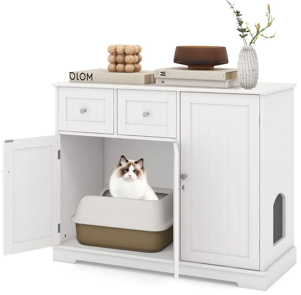 Móvel para caixas de areia para gatos Armário lateral para lavagem oculta de gatos com 2 gavetas 3 portas Dispositivos anti-queda Branco