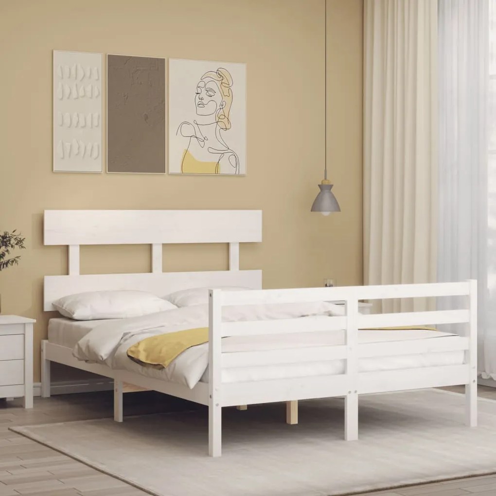 3195072 vidaXL Estrutura de cama com cabeceira 140x190cm madeira maciça branco