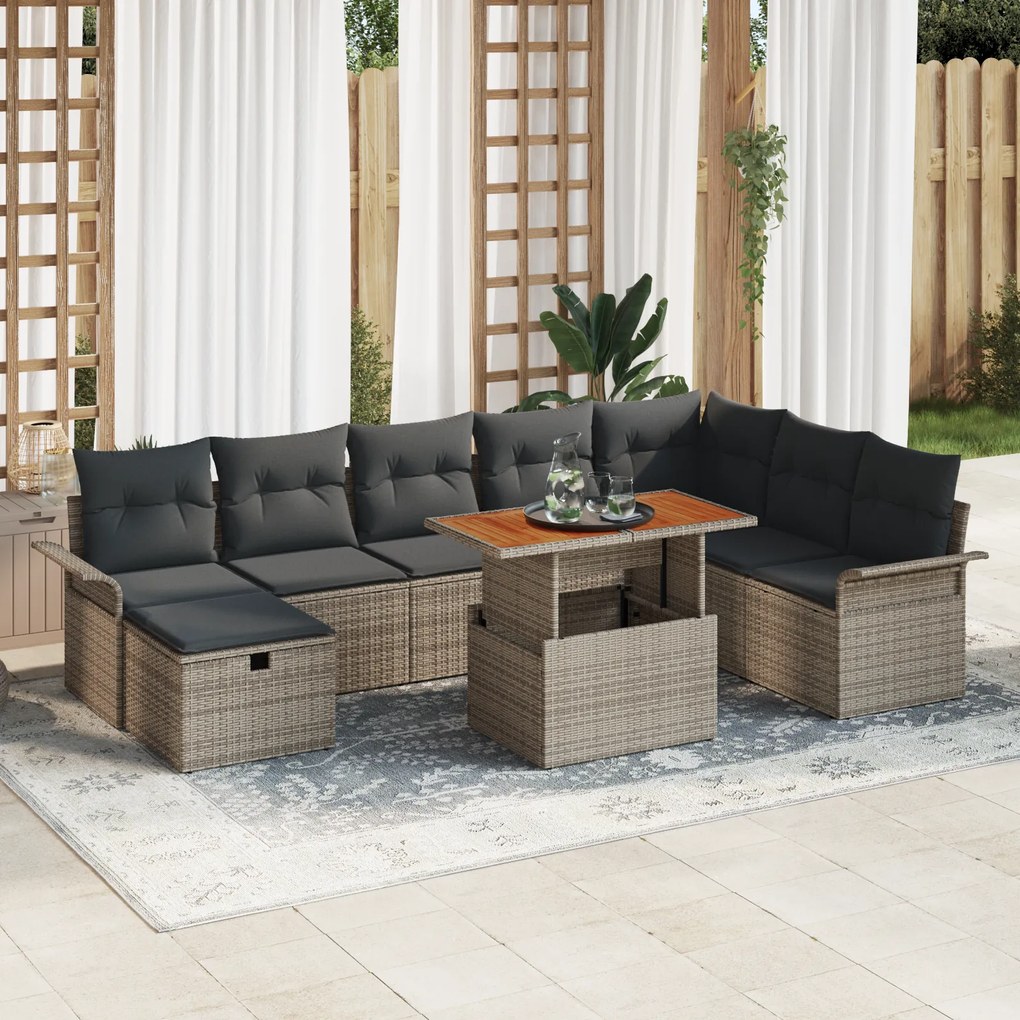 Conjunto de Sofá de Jardim de 9 Peças com Almofadas Cinza Rattan Polie