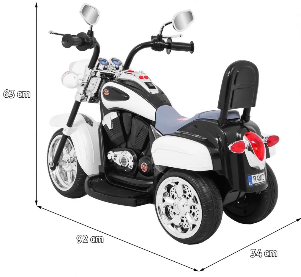 Mota elétrica para crianças 6V, NightBike Chopper 1,5 a 4,5 anos Branca