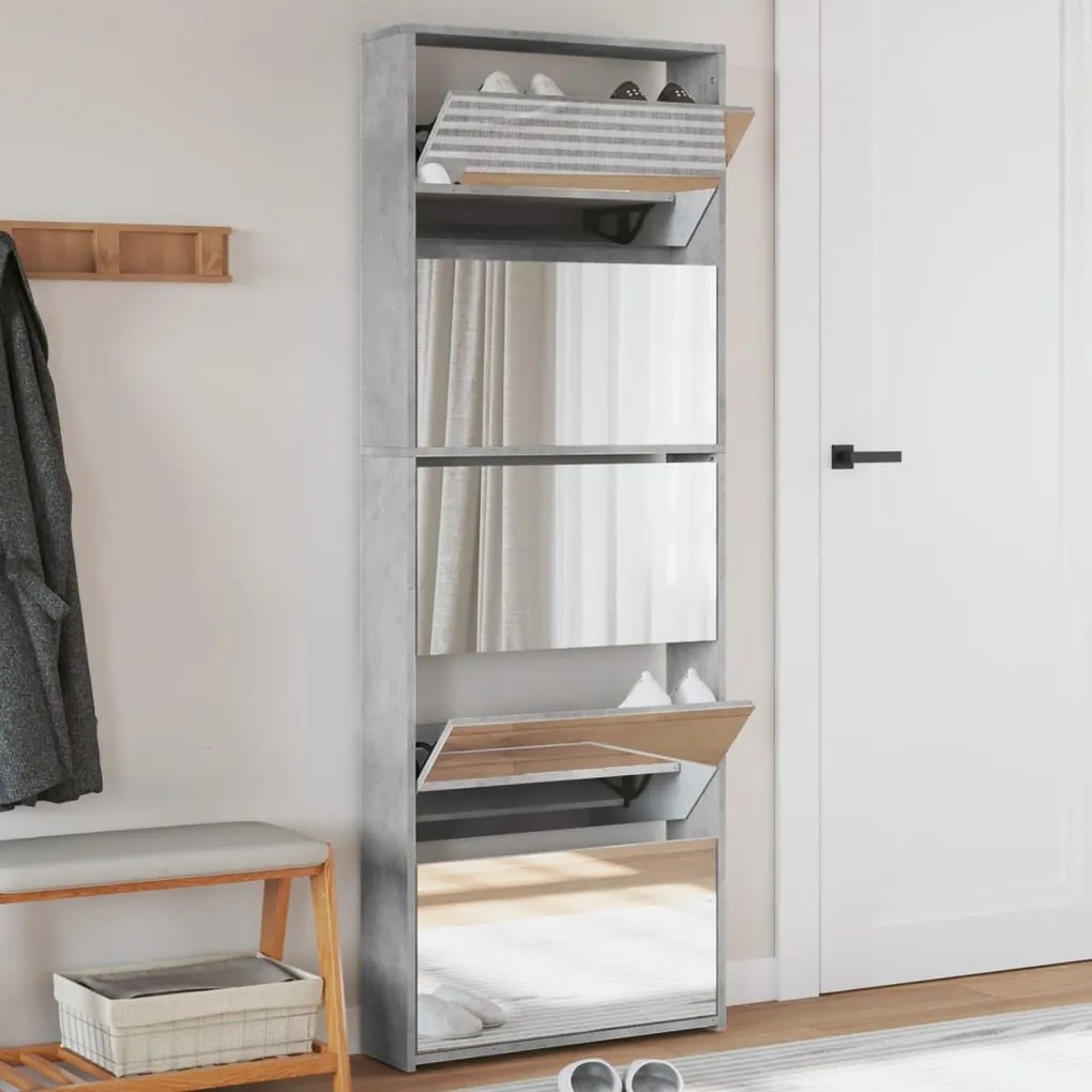 vidaXL Sapateira c/ espelho 5 divisórias 63x17x169,5 cm cinza cimento