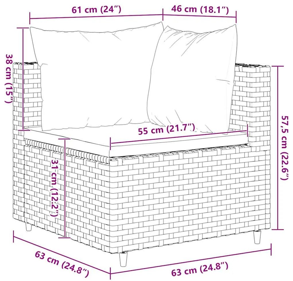 7 pcs conjunto lounge de jardim c/ almofadões vime PE castanho