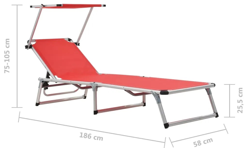 Espreguiçadeiras dobráveis c/ teto 2pcs alum/textilene vermelho