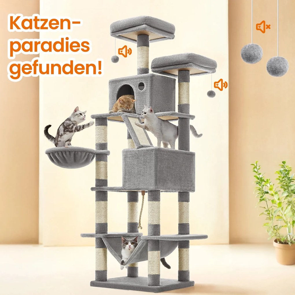 Arranhador para gatos 55 x 45 x 168 cm com 2 cavernas cinza claro