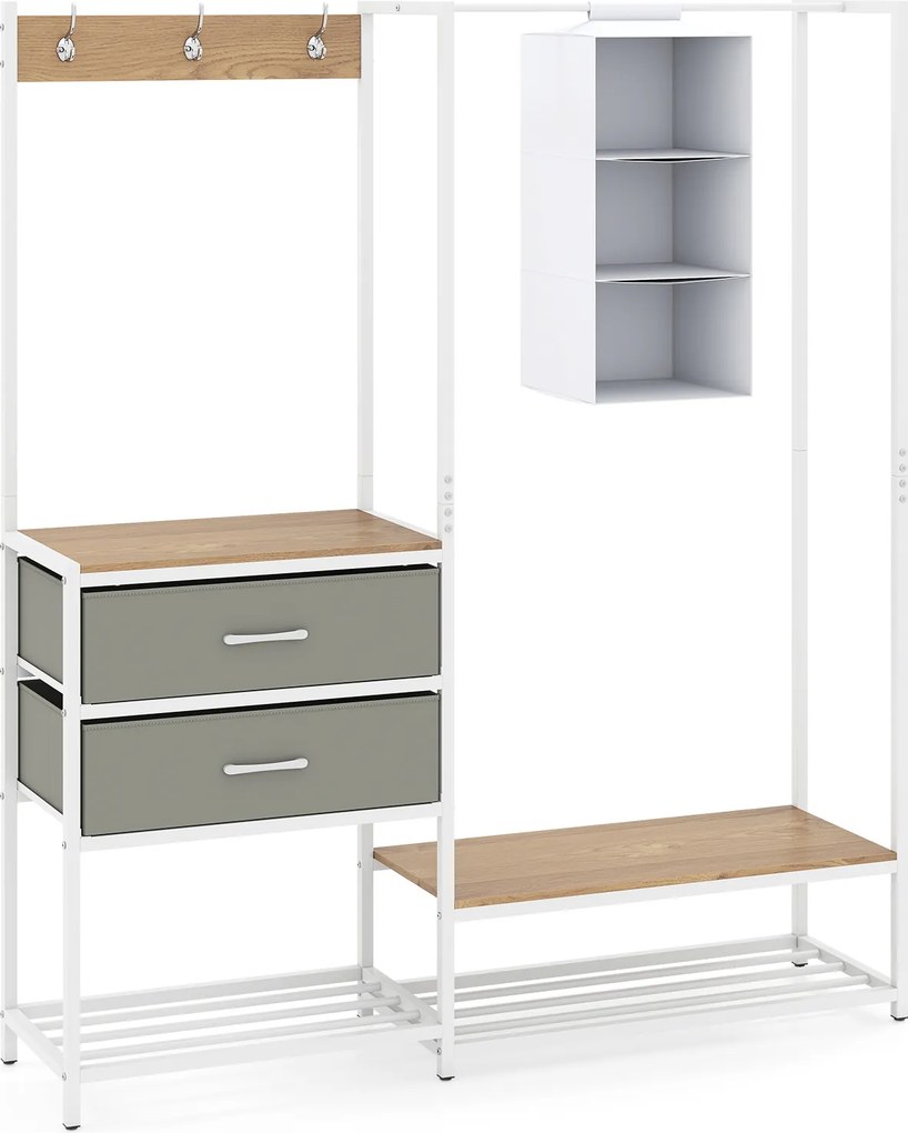 Guarda roupa aberto 138 x 35 x 161 cm com 2 gavetas dobráveis, estantes abertas, 3 ganchos, bolsa e 3 cubos organizadores Natural, branco