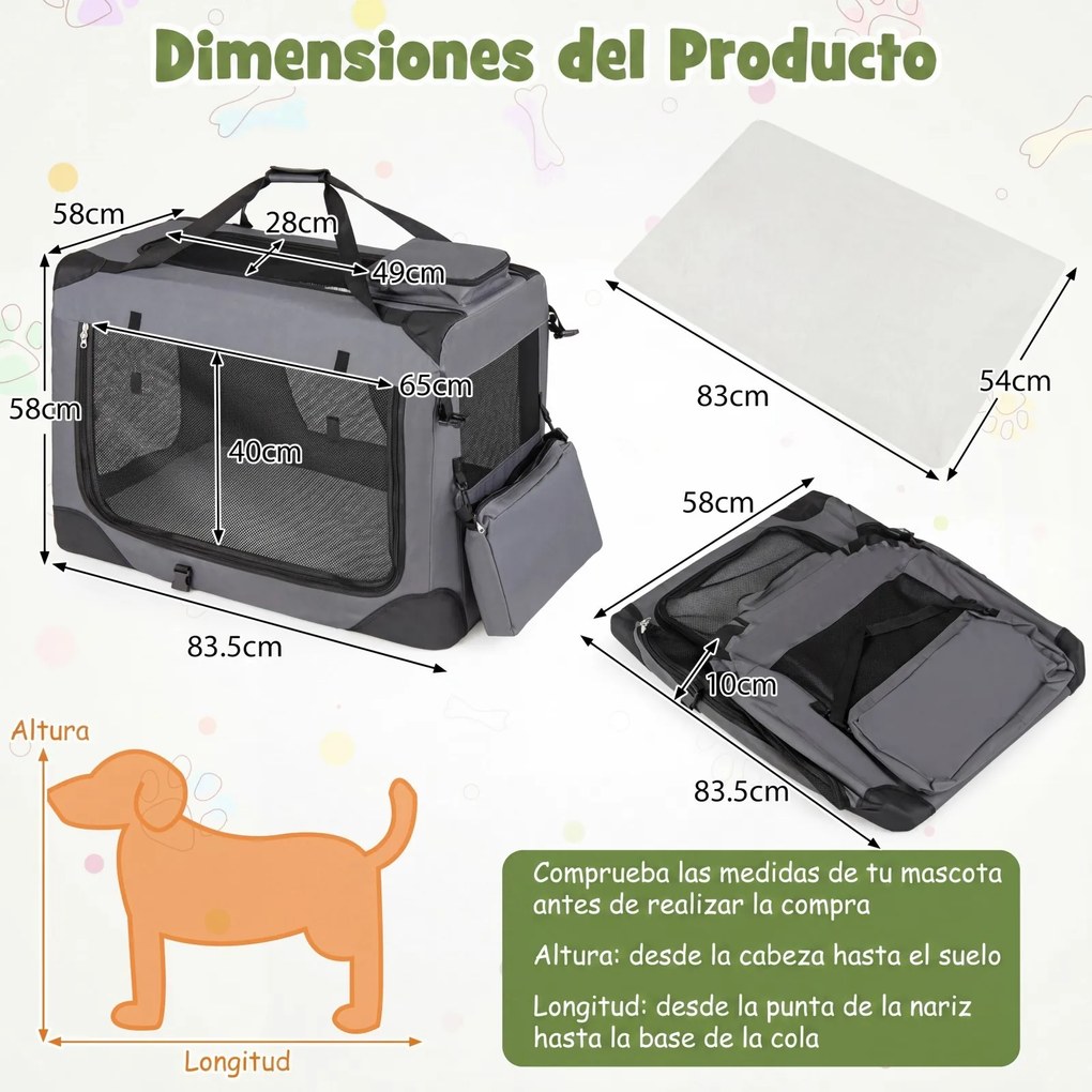 Transportadora dobrável tamanho L 83,5 x 58 x 58 cm para animais de estimação, com janelas de rede, 3 portas, cama felpuda e bolsos removíveis, para u