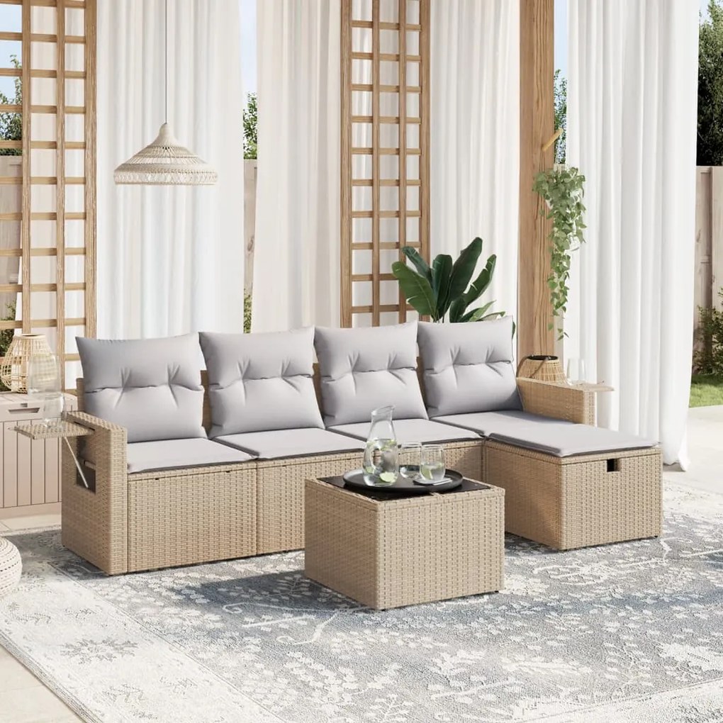 vidaXL 6 pcs conj. sofás jardim c/ almofadões vime PE bege misturado