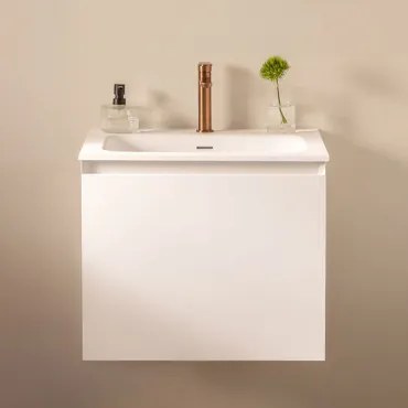 Conjunto De Móvel De Casa De Banho Suspenso Em Madeira Com Lavatório Integrado Macrae Branco & Sem Espelho & Ouro-rosa Escovado - Sklum