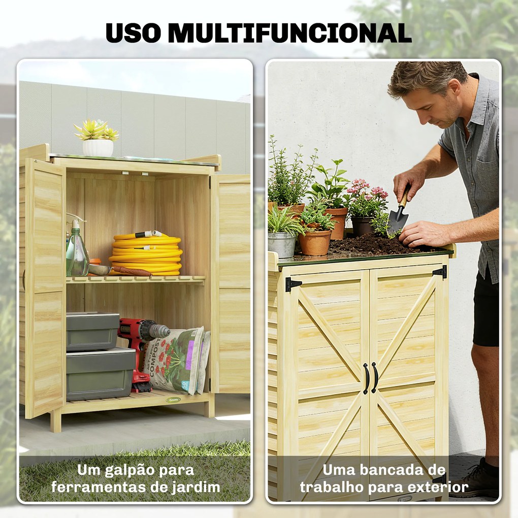 Armário de Jardim em Madeira com Teto de Metal Prateleiras e Ganchos para Armazenamento de Ferramentas 71,5x39x95 cm Natural