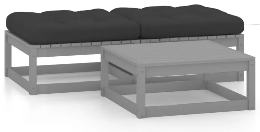 vidaXL 3 pcs conjunto lounge de jardim c/ almofadões pinho maciço
