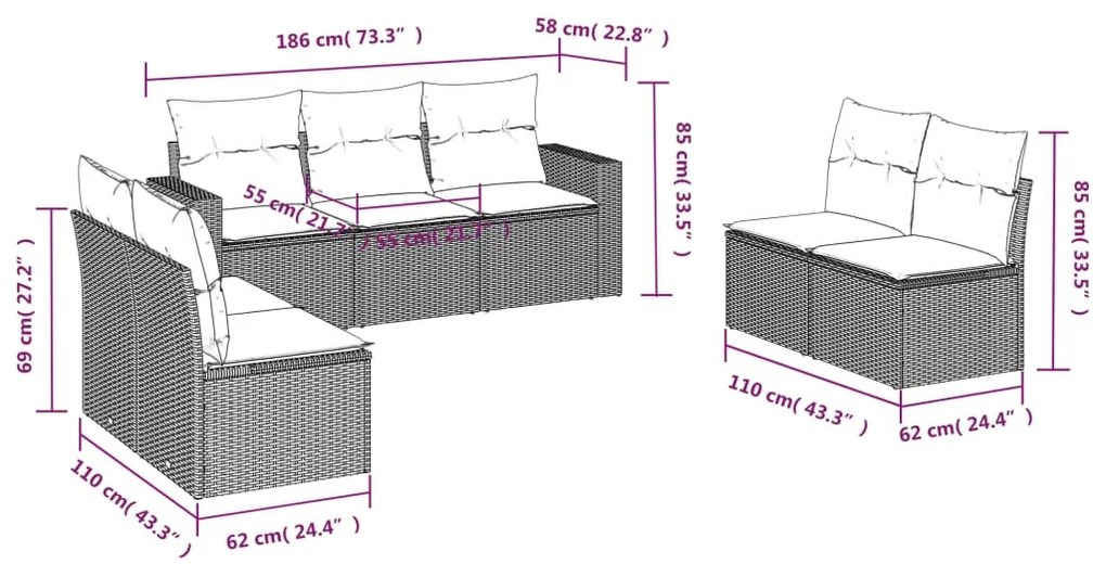 7 pcs conj. sofás jardim com almofadões vime PE cinzento-claro