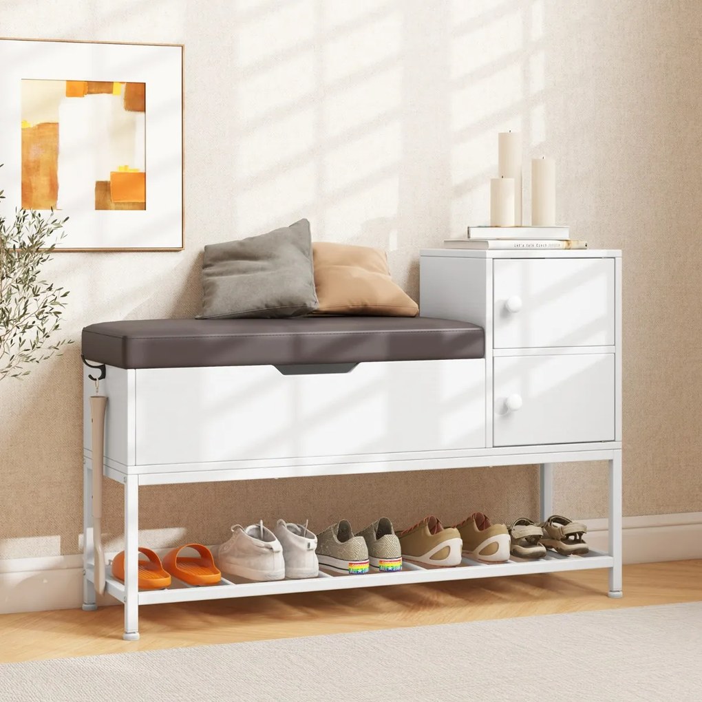 Banco para entrada para sapatos 100 x 30 x 68 cm com caixa rebatível e 2 portas Almofada de assento Branco