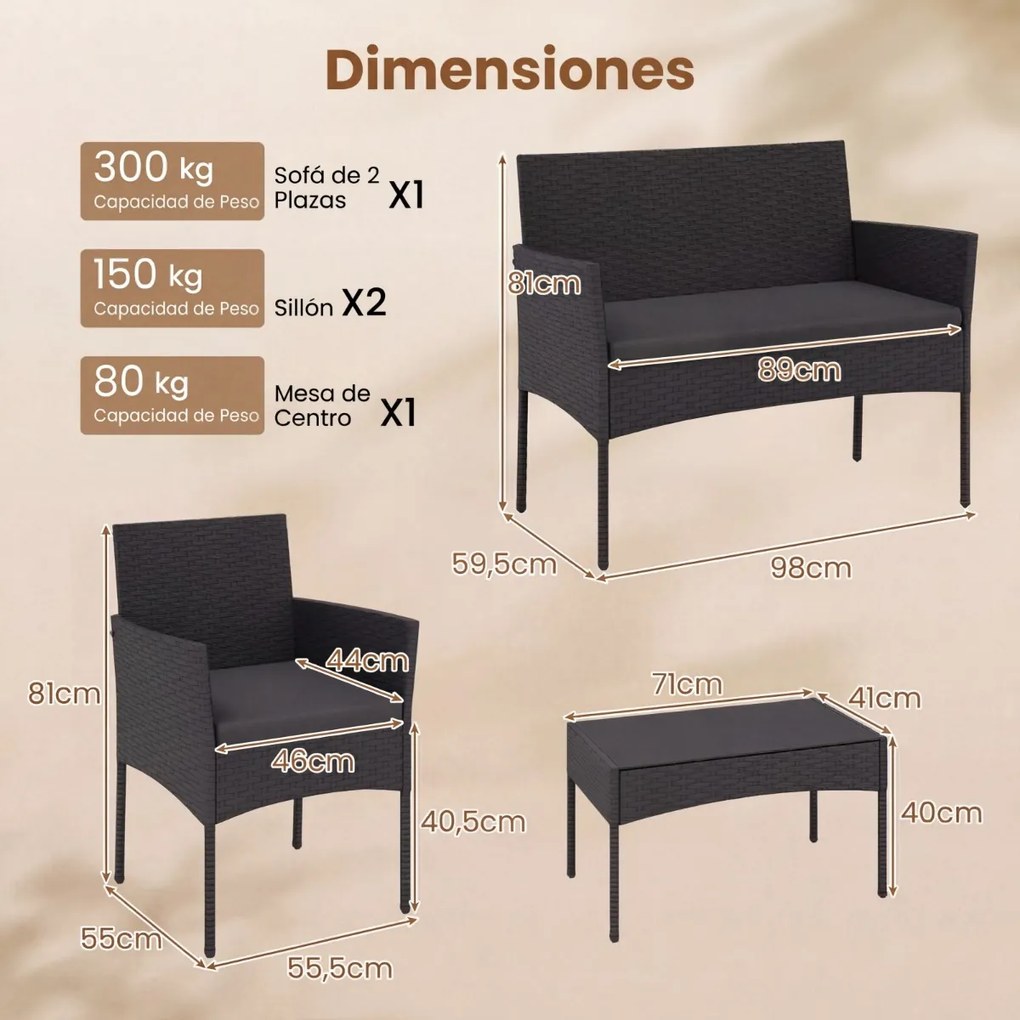 Conjunto de jardim em rattan de 4 peças, com 2 poltronas, sofá de 2 lugares, mesa auxiliar e almofadas de espuma, para alpendre, pátio ou terraço, Pre
