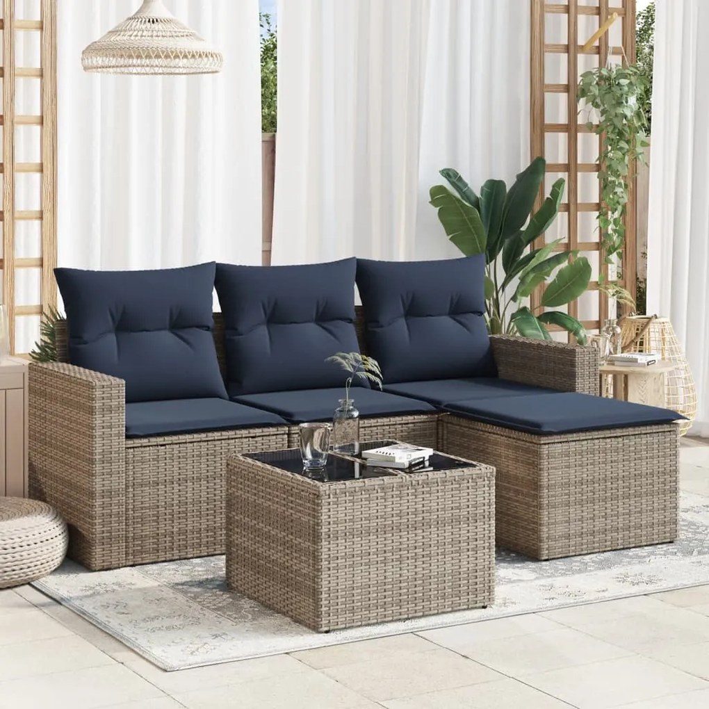 vidaXL 5 pcs conjunto sofás p/ jardim c/ almofadões vime PE cinzento