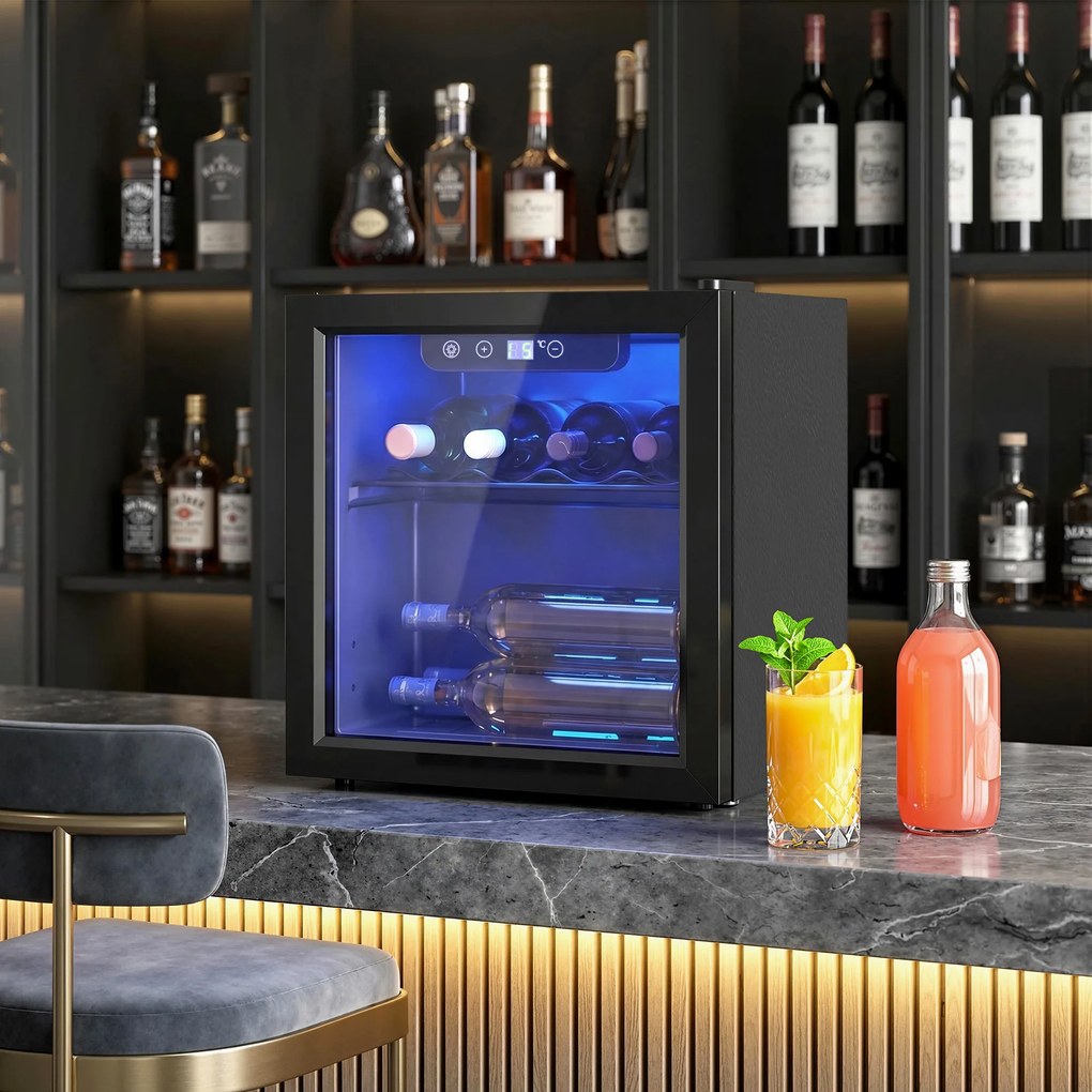 Vinoteca 12 Garrafas, Frigorífico para Vinhos 36 L com Temperatura Ajustável 4-16 ℃ Porta de Vidro Duplo Luz LED, Preto