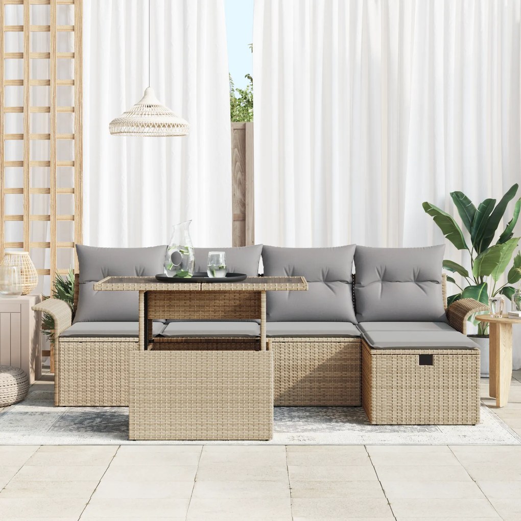 Conjunto de Sofá para Jardim com 6 Peças e Almofadas Bege Rattan Polím