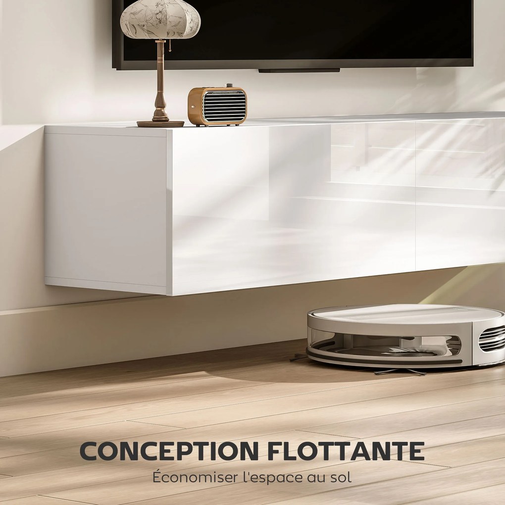 Móvel suspenso para TV até 45, 55 ou 65 polegadas, com 2 armários com portas, 140 x 33 x 29,8 cm, branco