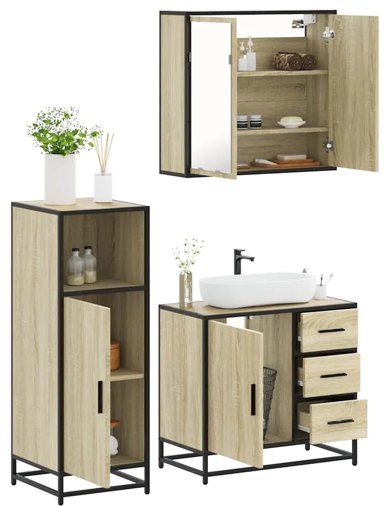 vidaXL 3 pcs conj. móveis casa banho derivados madeira carvalho sonoma