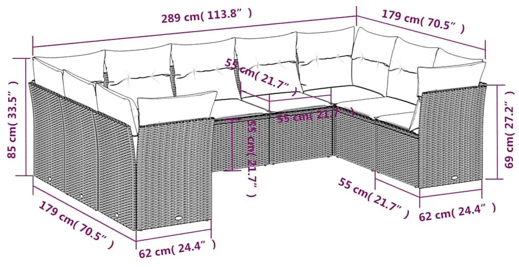 9 pcs conj. sofás jardim com almofadões vime PE cinzento-claro