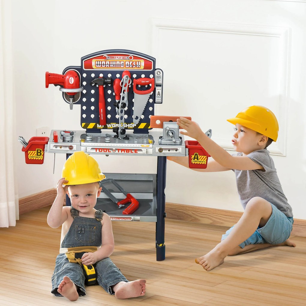 HOMCOM Bancada de Ferramentas para Crianças acima de 3 Anos Inclui 55 peças com Berbequim Elétrico Chave Inglesa Alicates Brinquedo de Aprendizagem 69x26,5x75cm Multicor