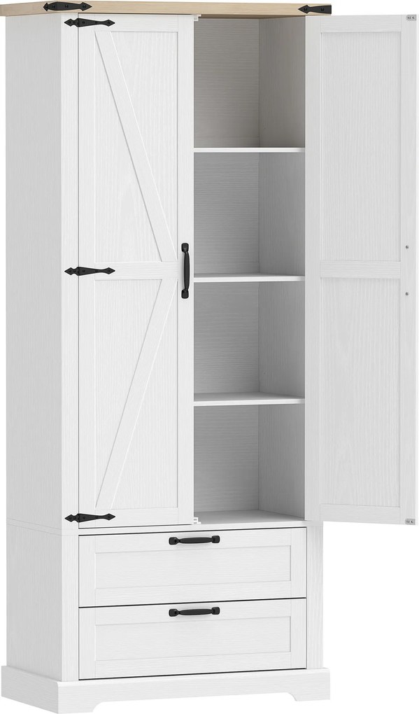 HOMCOM Buffet alto de cozinha, armário de cozinha com 2 portas, 2 gavetas, prateleiras ajustáveis, estilo rústico, 76x40x180cm, branco | Aosom Portugal