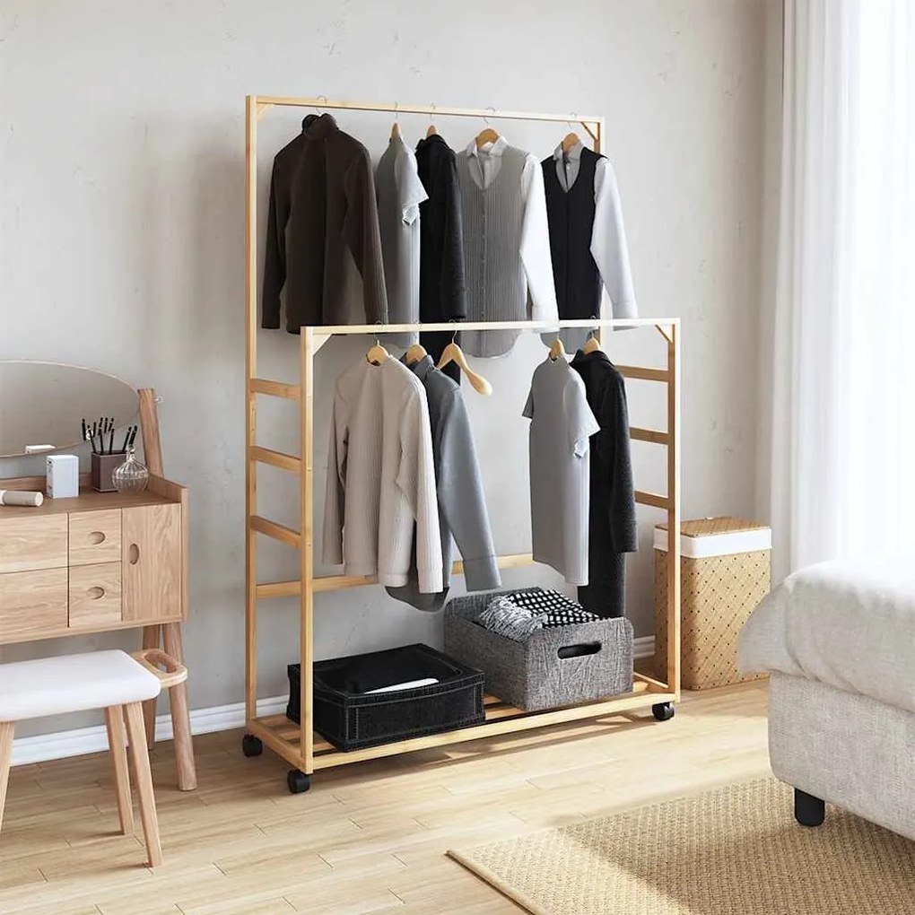 Cabide com prateleiras e rodas 90x35x155 cm bambu