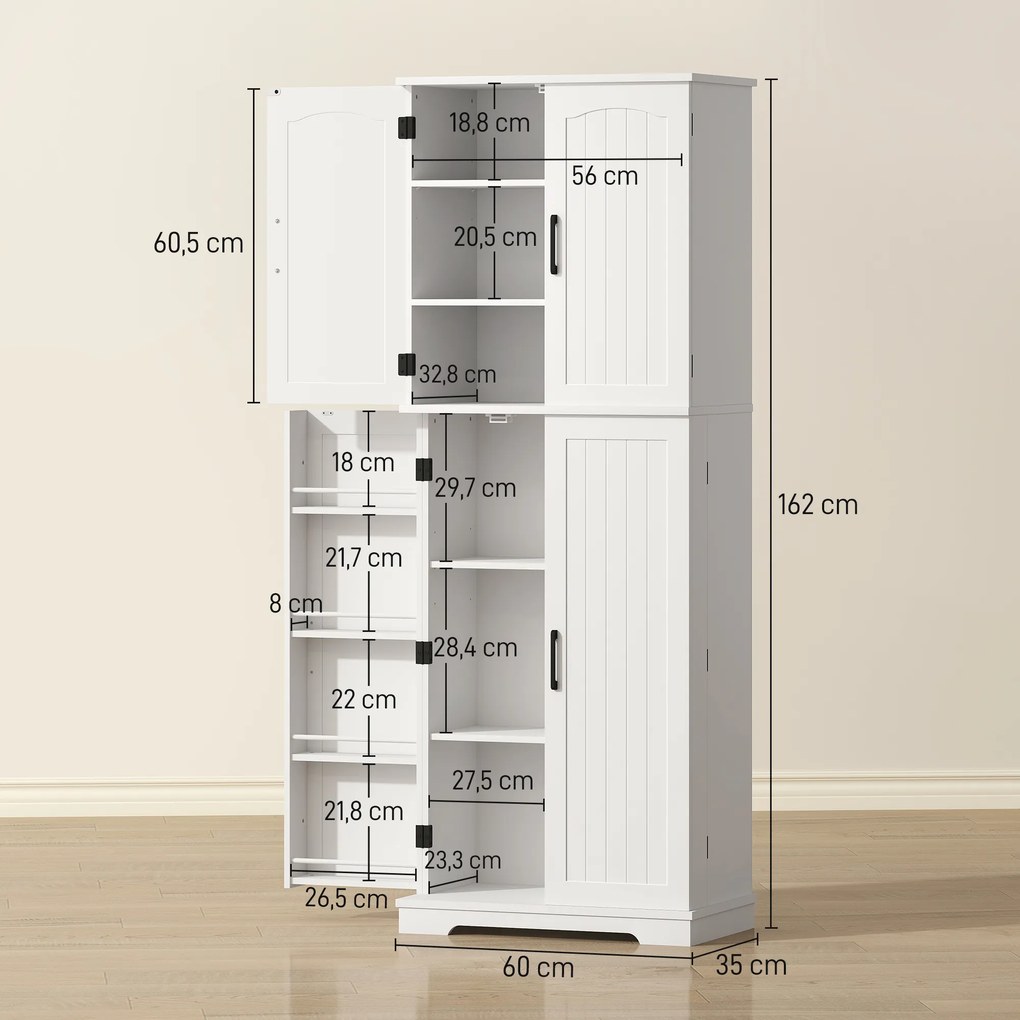 Armário Alto de Cozinha, 60 x 35 x 162 cm, 10 Compartimentos, Branco