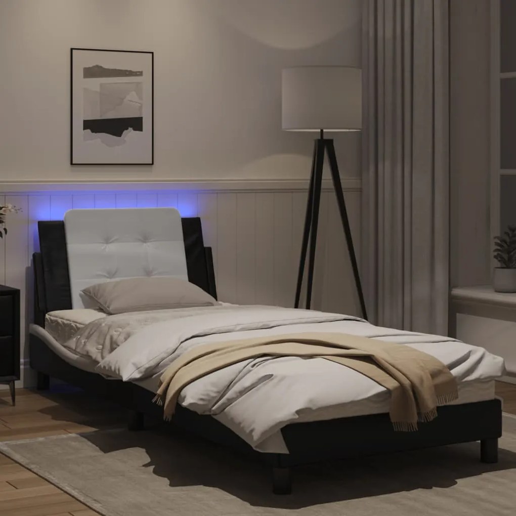 Estrutura cama c/ luzes LED 90x200 cm couro artif. preto/branco