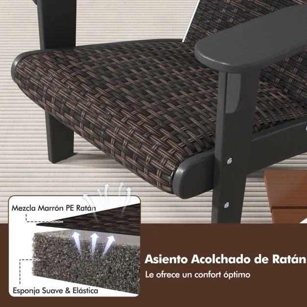 Cadeira Adirondack para Jardim em HDPE com assento e encosto almofadados em rattan, braços largos e porta-copos Cor do rattan Castanho misturado e Bra