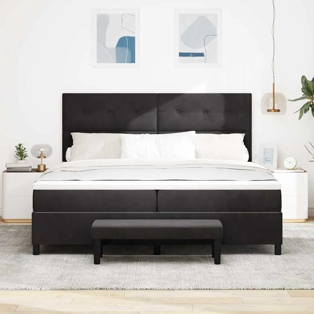 Cama Box Spring com Colchão e Banco Preto 200x200 cm Veludo