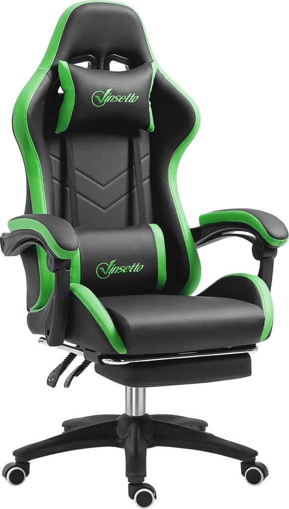 Vinsetto Cadeira Gaming Reclinável até 135° com Suporte Lombar Altura Ajustável Almofada de Cabeça e Apoio para os Pés Retrátil 65x65x121-129 cm Preto e Verde | Aosom Portugal