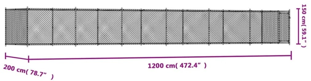 Jaula para cão com porta 12x2x1,5 m aço galvanizado cinzento