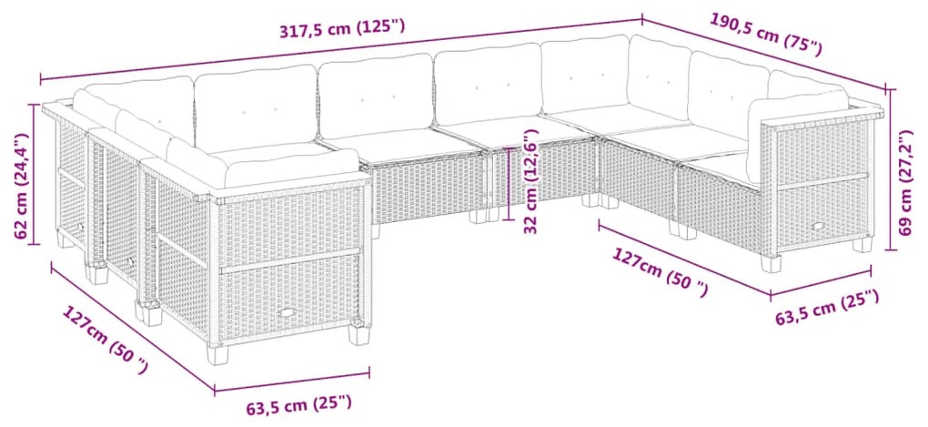 9 pcs conjunto de sofás p/ jardim com almofadões vime PE bege