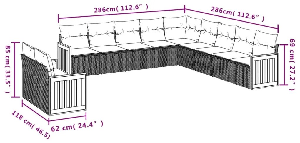 11 pcs conjunto sofás de jardim c/ almofadões vime PE preto