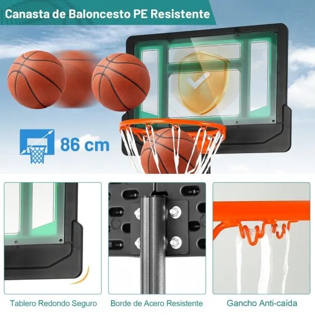 Cesto de basquetebol para crianças com altura ajustável 132-250 cm Brinquedo resistente às intempéries Verde e Preto