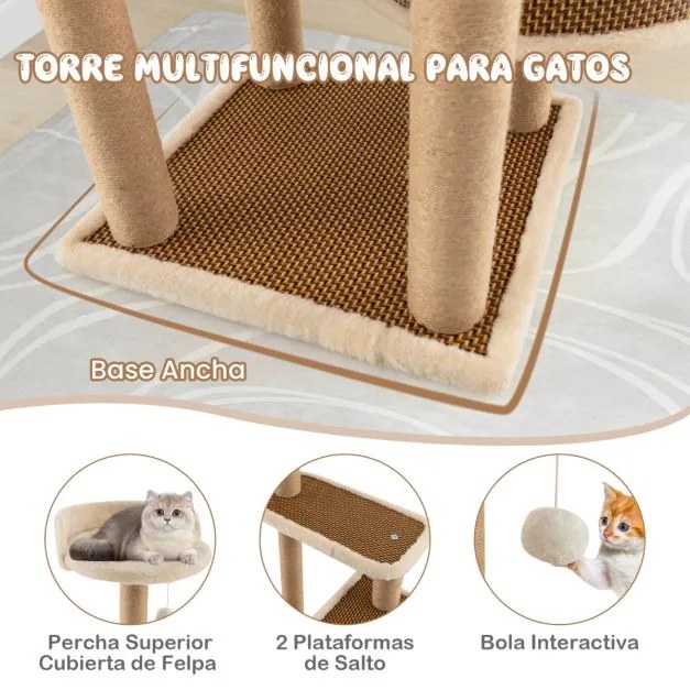 Arranhador para gatos de interior de 4 níveis com tapete de rattan Bola suspensa Brinquedo para arranhar Postes de poleiros Plataformas superiores Nat