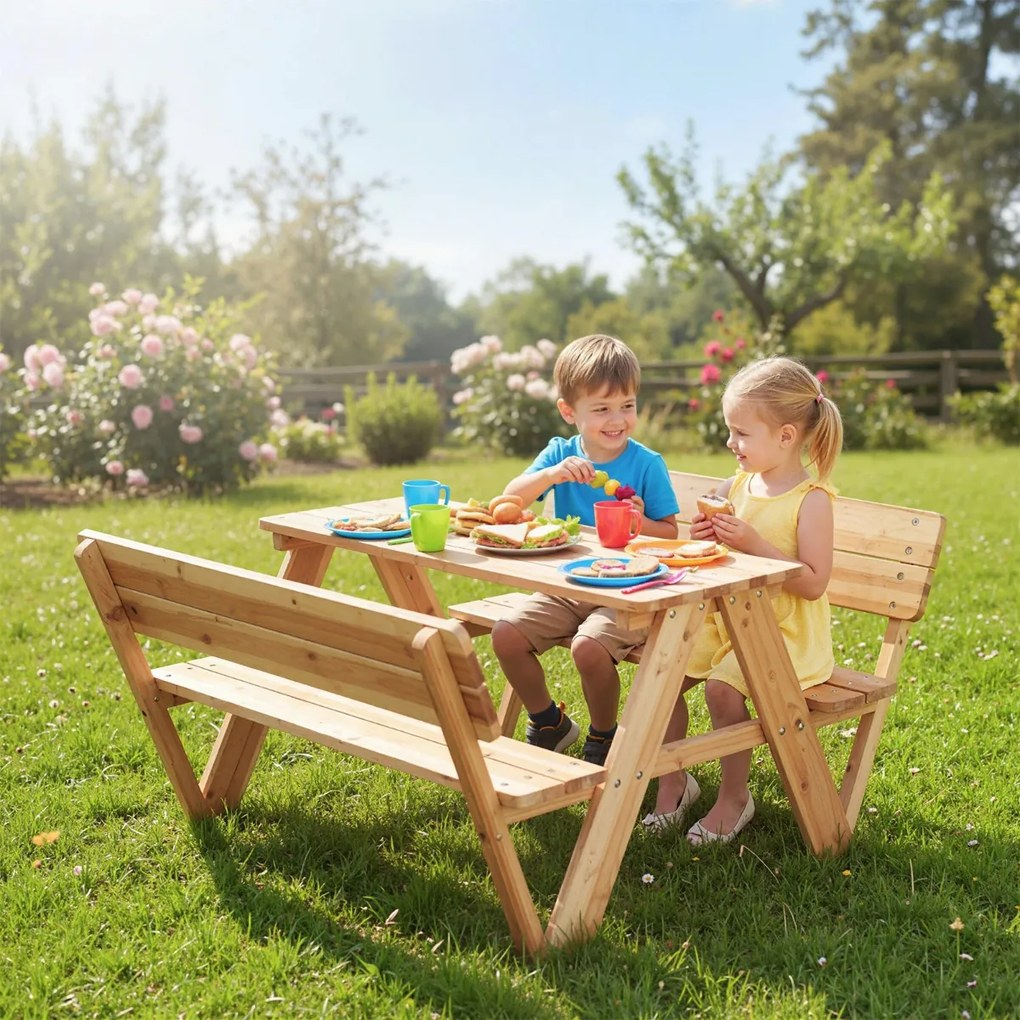 Mesa de piquenique para crianças com mesa e cadeira para atividades ao ar livre com 2 bancos incorporados natural