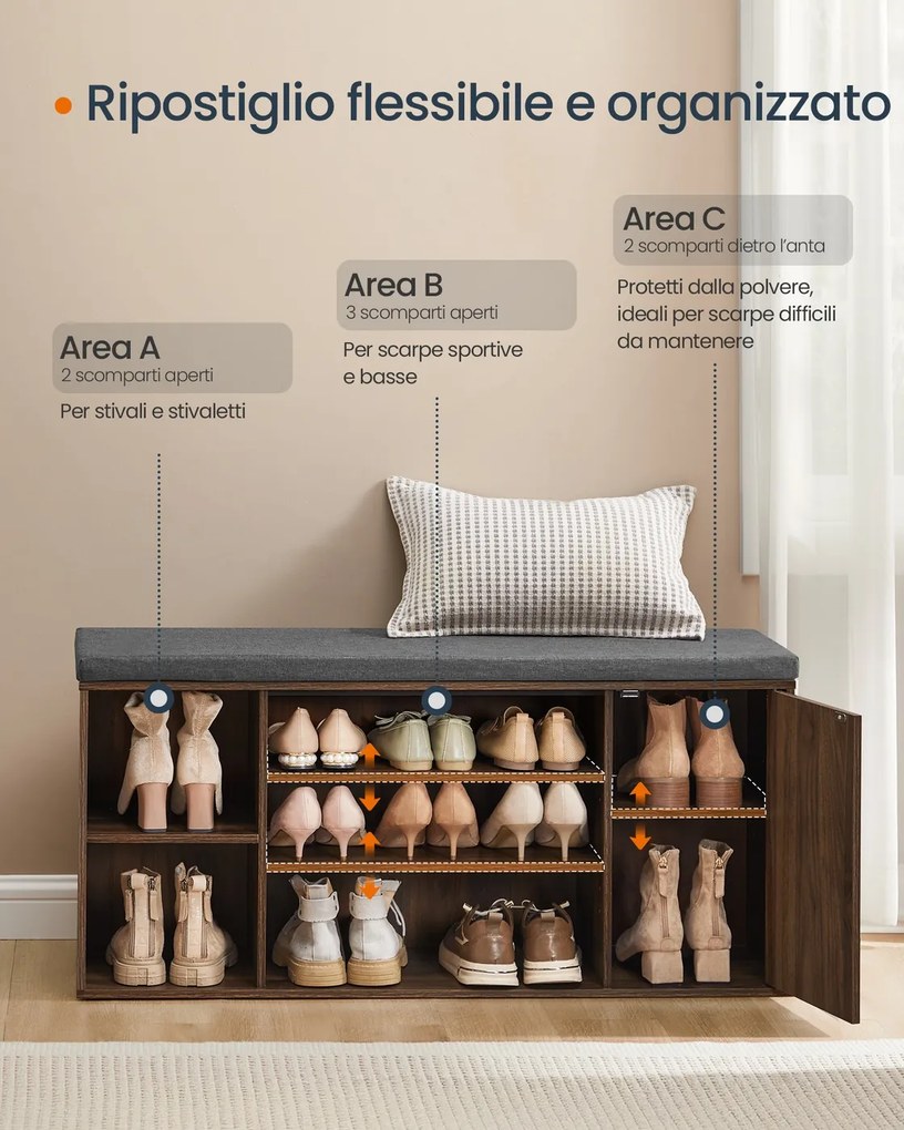Banco para sapatos 30,5 x 104 x 48 cm com espaço de arrumação e compartimentos abertos ajustáveis castanho-noz natural - cinzento ardósia